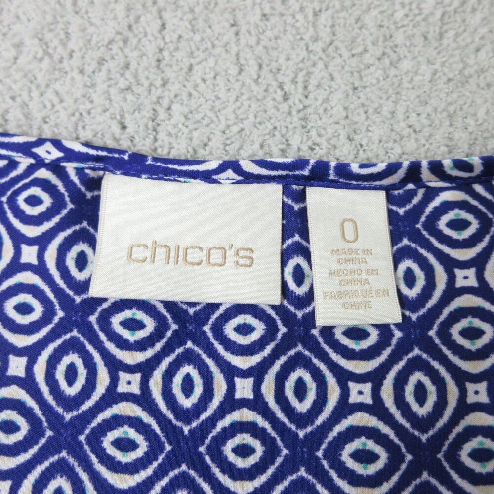 Chicos Tunic Womens 0 (S) Blue Geo Print 3/4 Sleeve Tassel Tie Polyester Casual - Picture 6 of 9